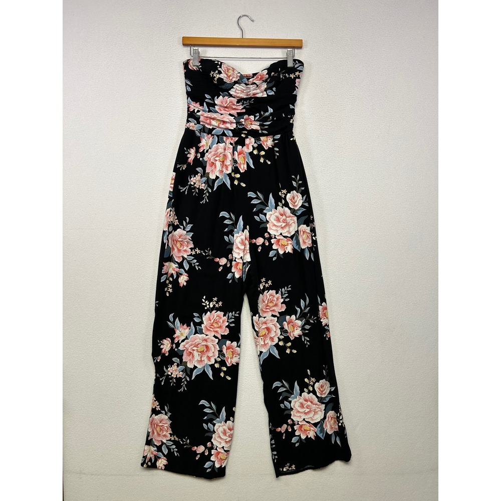 Boho Cottagecore Xhilaration Womens Medium Black Floral Strapless Wide Jumpsuit
